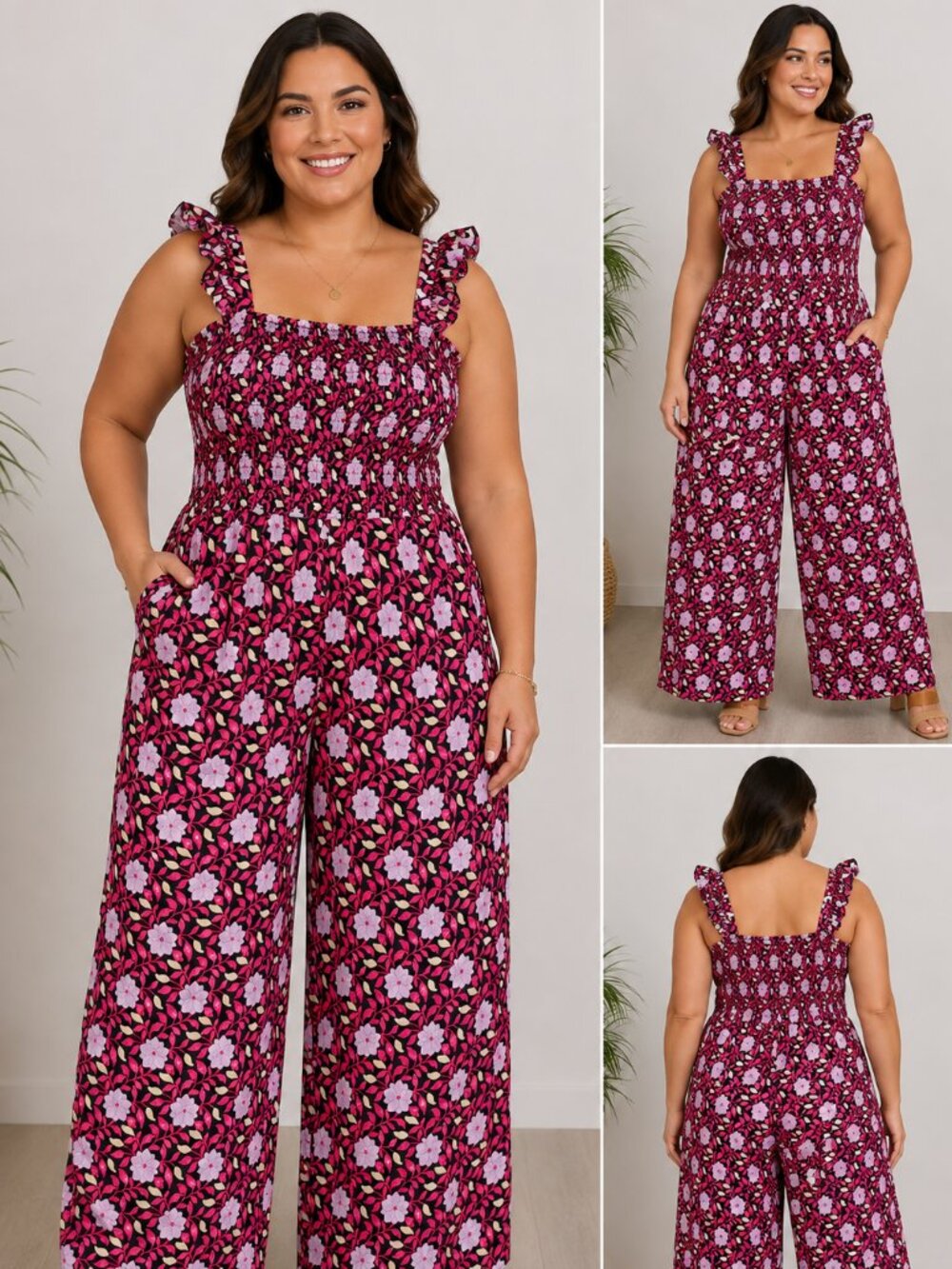 LOFT Outlet Floral Wide Leg Jumpsuit Size 14 Smocked Ruffle Strap
